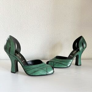 Prada Vintage Green Leather D’Orsay Pumps Heels EU 40 Peep Toe Stitch Detail